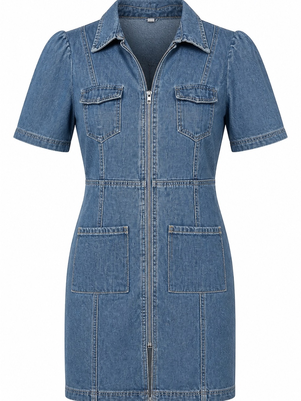 Denim Zip-Front Short Sleeve Dress
